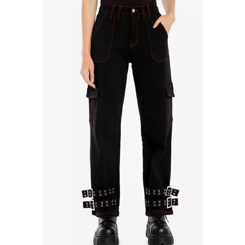 Hot Topic Black & Red Contrast Stitch Buckle Carpenter Pants Size 3/28